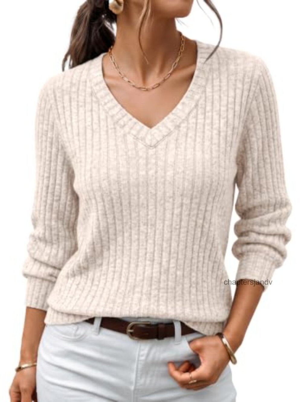 V Neck Long Sleeve Sweater Pullover Lightweight Fall Winter Top